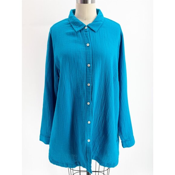 J.Jill Cotton-Gauze Split-Hem Tunic Lightweight Turquoise L - Picture 2 of 11